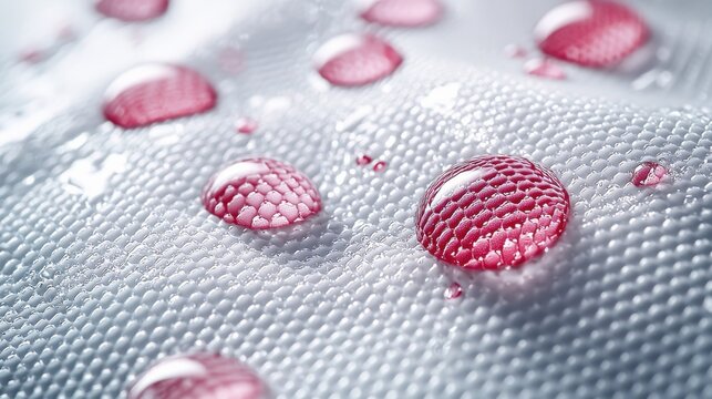 Water absorption material testing spherical pink droplets on hydrophobic fabric surface tension demonstration macro detail side angle perspective
