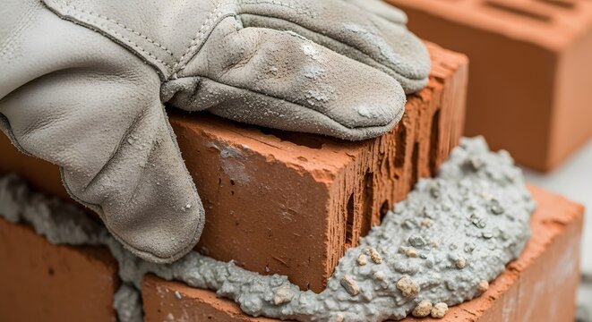 Mason laying bricks with cement mortar on construction site wearing protective gloves