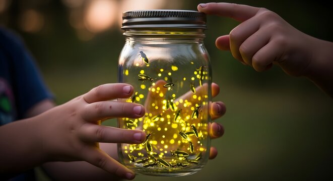 Children's hands holding a jar of fireflies during golden hour with bokeh background