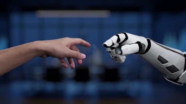 A captivating representation of a human hand reaching towards a robotic hand, symbolizing the interaction between technology and humanity through a digital brain visualization. Synapse