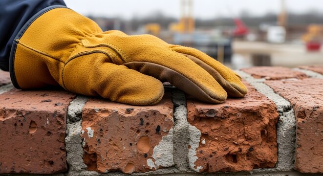 Construction worker hand in protective glove on brick wall outdoors