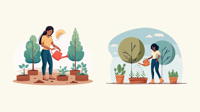 Vector illustrations depicting women engaged in mindful gardening, nurturing flourishing plants in home gardens, celebrating nature, growth, and sustainable living