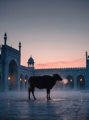 Obraz premium Silhouette of a Cow Against a Mosque at Sunrise with Mist.
