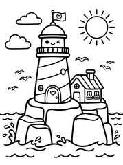 Naklejka premium Cute lighthouse with face on rocks in ocean with sun and clouds