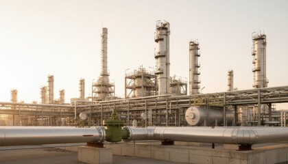 Obraz premium Large petrochemical refinery facility with tall distillation towers and industrial pipelines for energy industry marketing, oil and gas infrastructure and power plant business