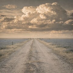 Fototapeta premium Large amber cumulus clouds hanging over a straight dirt road leading through vast farmland for rural editorial, agriculture branding and open road travel campaigns