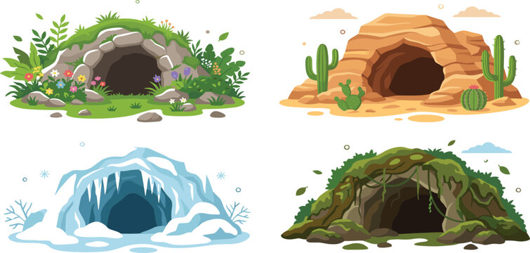 Collection of four diverse nature cave entrances in forest desert ice and jungle environments vector