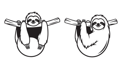 Fototapeta premium Two Cute Cartoon Sloths Hanging From Tree Branches Simple Vector Illustration
