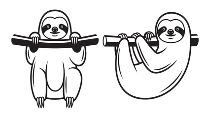 Fototapeta premium Set of cute sloth characters hanging on a branch in black outline style