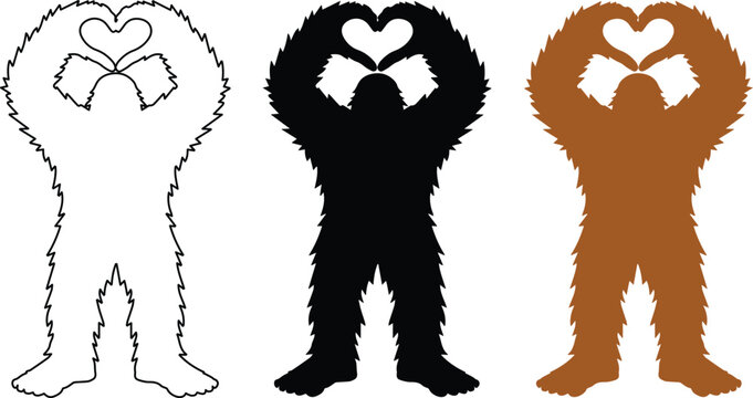 Bigfoot heart hands vector illustration set, mythical creature silhouette, Sasquatch love gesture, furry monster graphic resource, cryptid design element for apparel and merchandise.