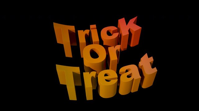 Trick or Treat 3D text animation, Halloween holiday greeting with orange bold letters, spooky festive typography on transparent background