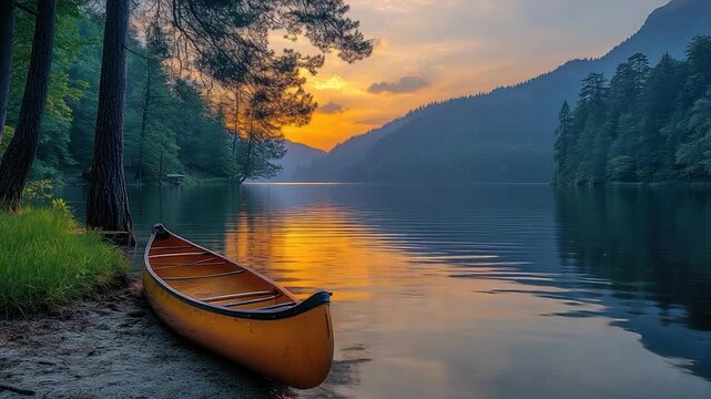A canoe rests by a tranquil lake at sunset, mountains in background