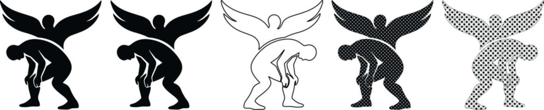 Five stylized vector illustrations of a winged figure supporting a bent-over human, depicting burden, strength, and assistance. Black, white outline