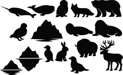 Arctic animals and icebergs vector silhouette collection, polar wildlife and frozen landscape elements, black and white graphic resources for winter themes © Shanza