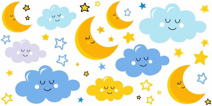 cute cartoon clouds and moon stars on white background
