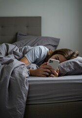 Fototapeta premium Young person using a smartphone while lying in bed for social media addiction, digital wellness and mental health awareness with copy space on the neutral background