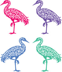 Fototapeta premium Elegant ornamental crane vector set, decorative bird silhouettes with intricate floral patterns, vibrant pink, purple, blue, and teal heron illustrations for design projects