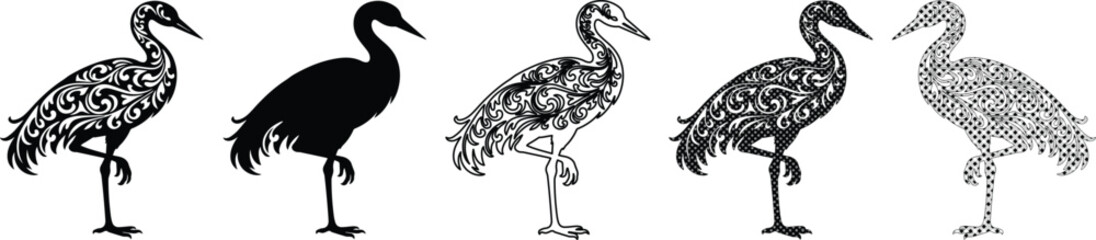 Fototapeta premium Elegant Crane Vector Set, five distinct black and white bird illustrations, stylized heron silhouettes, perfect for nature-inspired design and branding