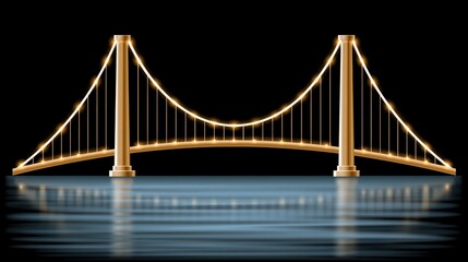 Obraz premium Illuminated golden suspension bridge reflection over calm water surface at night time landscape architecture structure design