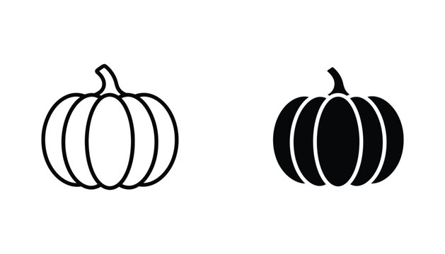 Autumn pumpkin icon set featuring harvest vegetable in linear and solid black styles for fall season decoration and agriculture market branding design elements isolated on white background