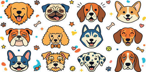 Cute dog breed faces collection featuring golden retriever pug beagle corgi bulldog poodle husky and dalmatian vector set © MDRIFAT