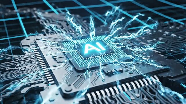 Vector microchip icon with glowing AI core in center, electric pulses radiating outward, dark tech background with grid lines, camera macro zoom-in effect, high detail edges, sci-fi lighting