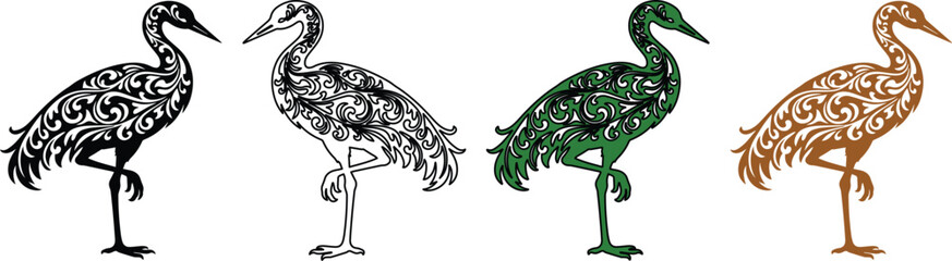 Fototapeta premium Elegant Crane Silhouettes Vector Set. Decorative Heron Bird Illustrations with Intricate Filigree Patterns. Stylized Stork Designs for Nature-Inspired Graphics and Branding.