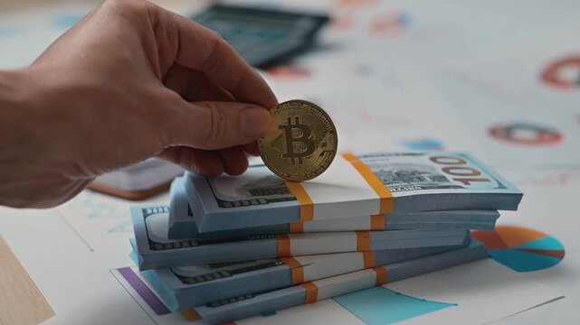 A hand places a coin on top of stacked bills on a table filled with financial documents and tools. The setting highlights a focus on currency and investment concepts related to money management