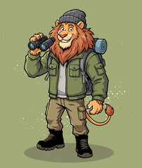 Obraz premium Adventurous Lion Traveler with Backpack and Binoculars