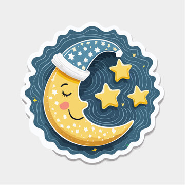 Cute Sleeping Moon with Stars and Nightcap