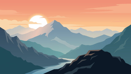 Sunset Mountain Valley with River Scenic Nature Illustration © Kusum