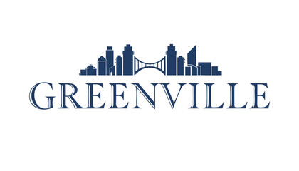 Fototapeta premium Vctor skyline of Greenville South Carolina featuring Liberty Bridge, with words “GREENVILLE”' written on clean white background