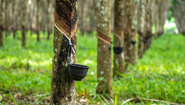 Rubber tree plantation with buckets.