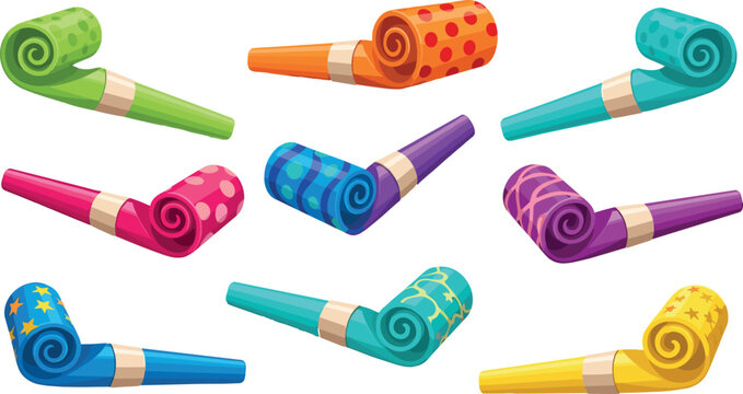 Set of Colorful Cartoon Party Blowers with Various Patterns for Birthday Celebration, New Year, and Festive Event Designs