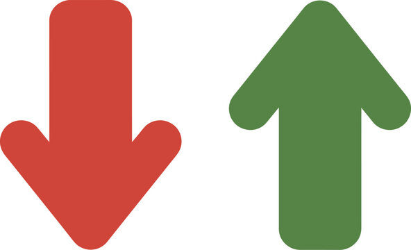 Up and down arrow icon set, collection of red and green arrows showing decrease and increase for analytics charts market trends and UI design.