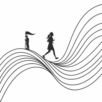 Female runner silhouette on wavy path with flag bearer ahead of finish line
