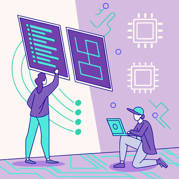 Developers collaborating on data analysis and software development using digital interfaces and laptop with digital interface developers collaboration software development programming technology
