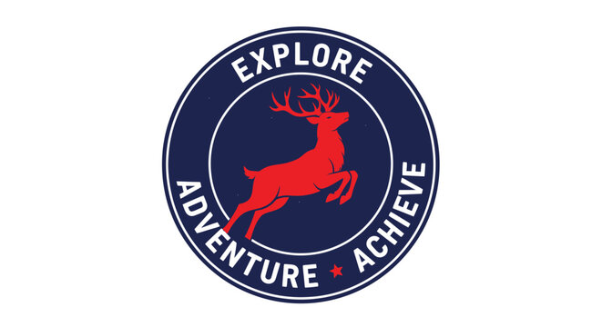 Red deer jumping in a blue circular emblem with EXPLORE ADVENTURE ACHIEVE text.