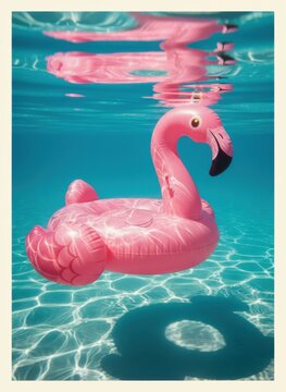 Pink inflatable flamingo float floating in turquoise water with a split underwater view for summer pool party, travel advertising and tropical vacation lifestyle