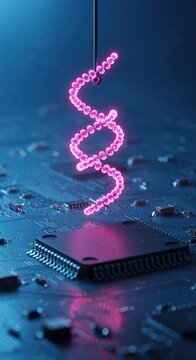 Blue circuit board hardware with a pink glowing dna double helix model for biotechnology research, genetic engineering and synthetic biology concept background