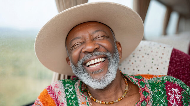 A joyous, senior man with a grey beard wearing a wide-brimmed hat and a vibrant, patterned shirt laughs heartily while seated inside a vehicle, with a blurred natural landscape visible through the win