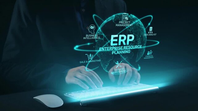 ERP platform visual showing centralized system for enterprise resource planning, improving integration, data flow, business efficiency, finance, inventory, and human resources. Elide