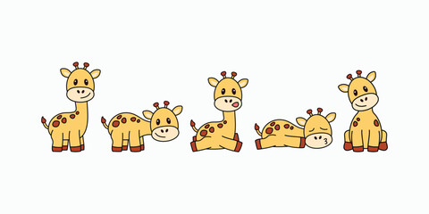 Obraz premium Cute cartoon giraffes in playful poses. Each one has gentle eyes and smiling faces. Sitting, standing, or lying down - all appear relaxed. Bright yellow bodies with brown spots