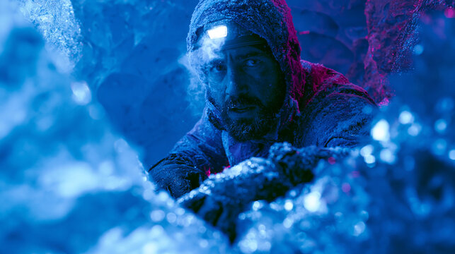 An explorer crouches in a crystal-clear ice cave, wearing a headlamp, blue ice walls reflecting cold light