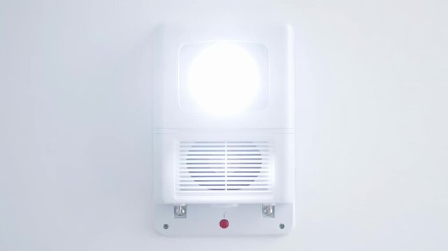 Close up fire alarm strobe sounder mounted on white wall