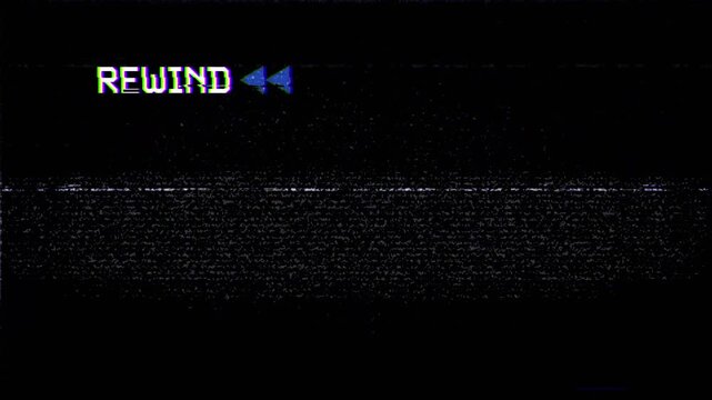 Rewind Glitch Animation VHS Retro Distortion with Noise and Scanlines on Dark Background