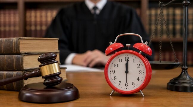 Red Alarm Clock and Gavel on Judge Desk for Legal Deadline Concept