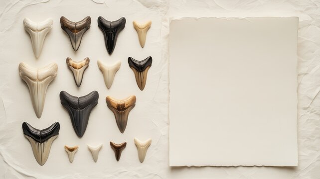 Fossilized shark teeth arranged on a white surface next to a blank piece of paper