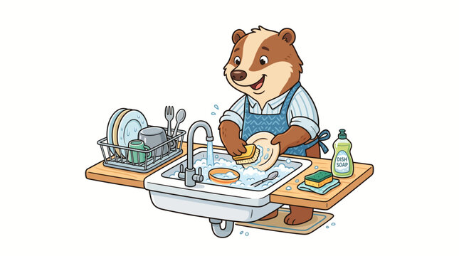 Brown bear washing dishes in sink.