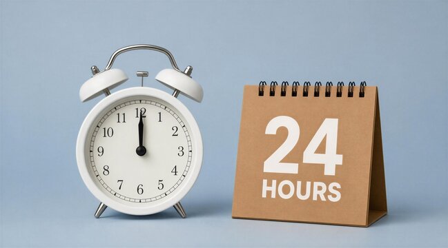 White alarm clock and 24 hours desk calendar on blue background